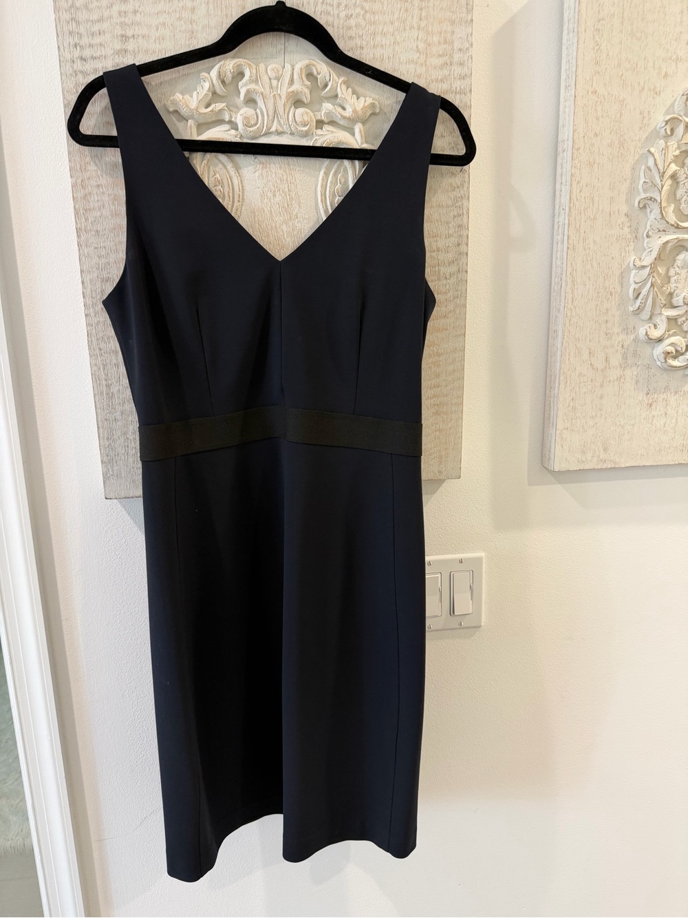 Theory Alcoa Black and Sapphire V-Neck Sleeveless Midi Shift Dress